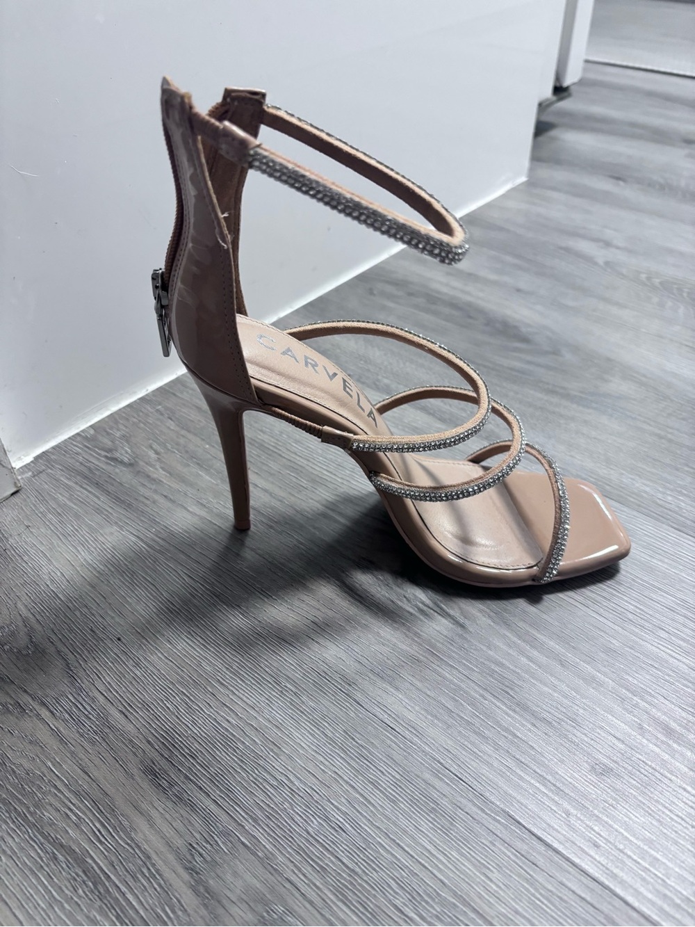 Nude Strappy Stiletto Sandals with Crystal Trim